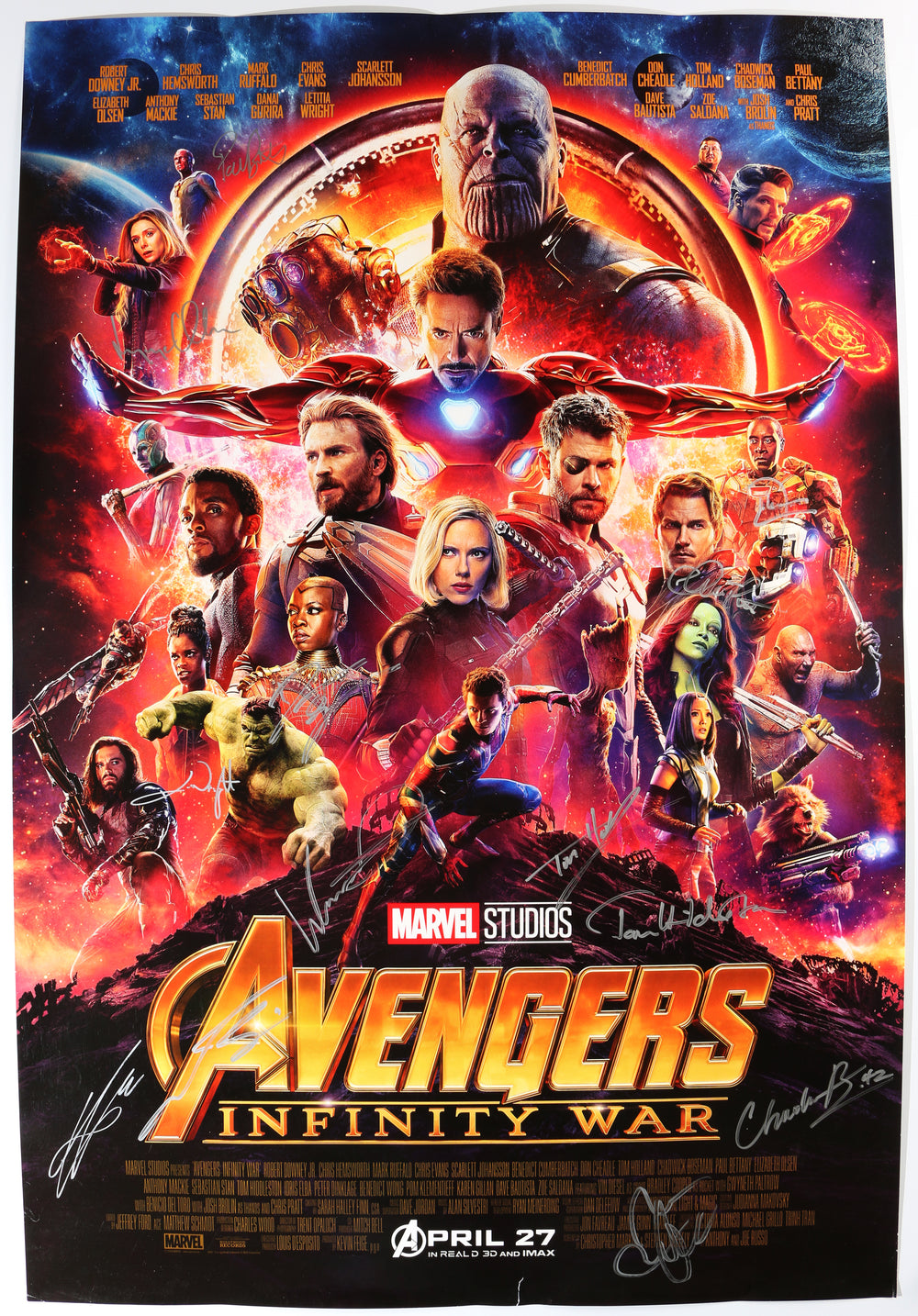 Avengers: Infinity War 27x40 Poster Signed by Chadwick Boseman, Josh Brolin, Chris Pratt, Tom Hiddleston, Tom Holland, Mark Ruffalo, Paul Bettany, Elizabeth Olsen, Anthony Mackie, Dania Gurira, Letitia Wright, Don Cheadle, & Winston Duke