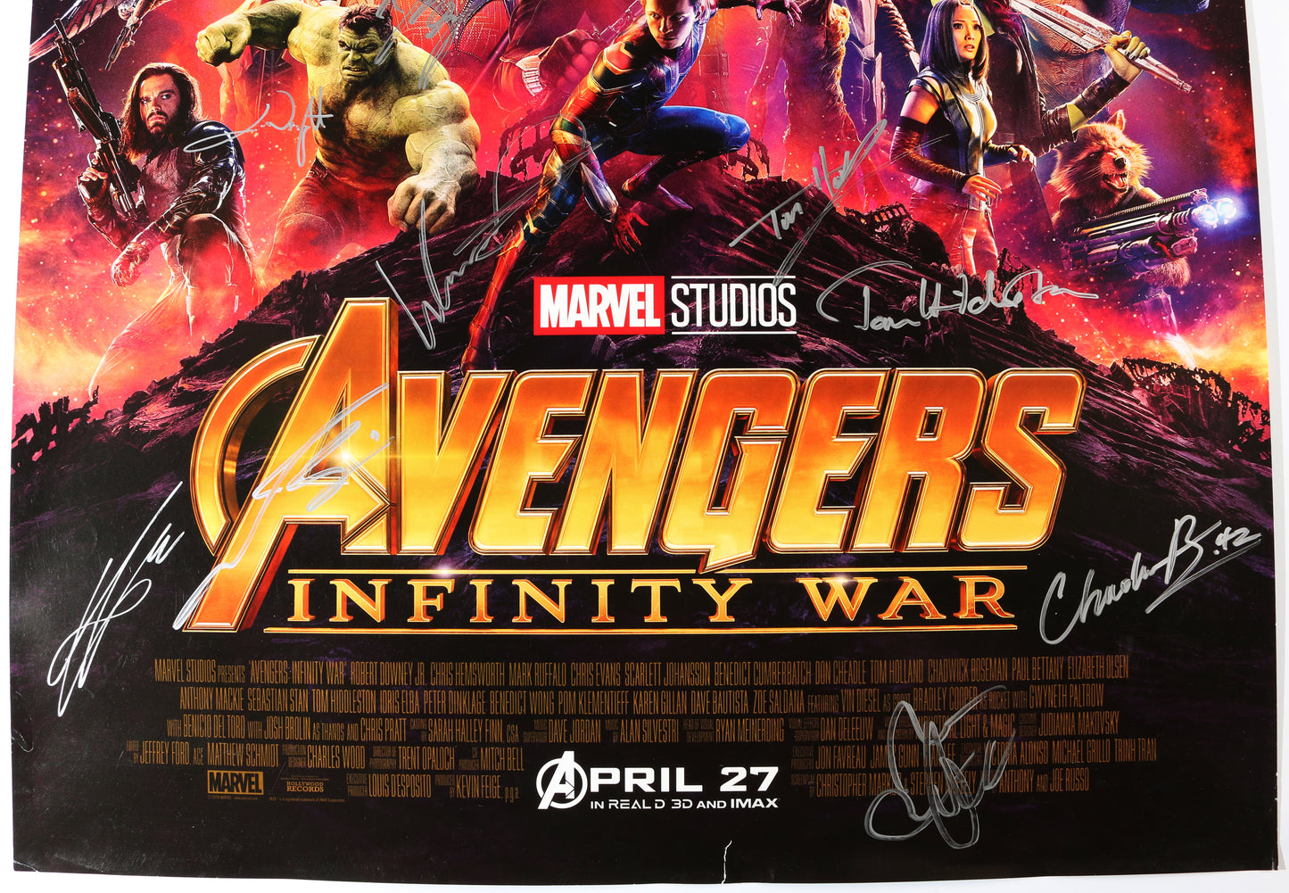 
                  
                    Avengers: Infinity War 27x40 Poster Signed by Chadwick Boseman, Josh Brolin, Chris Pratt, Tom Hiddleston, Tom Holland, Mark Ruffalo, Paul Bettany, Elizabeth Olsen, Anthony Mackie, Dania Gurira, Letitia Wright, Don Cheadle, & Winston Duke
                  
                
