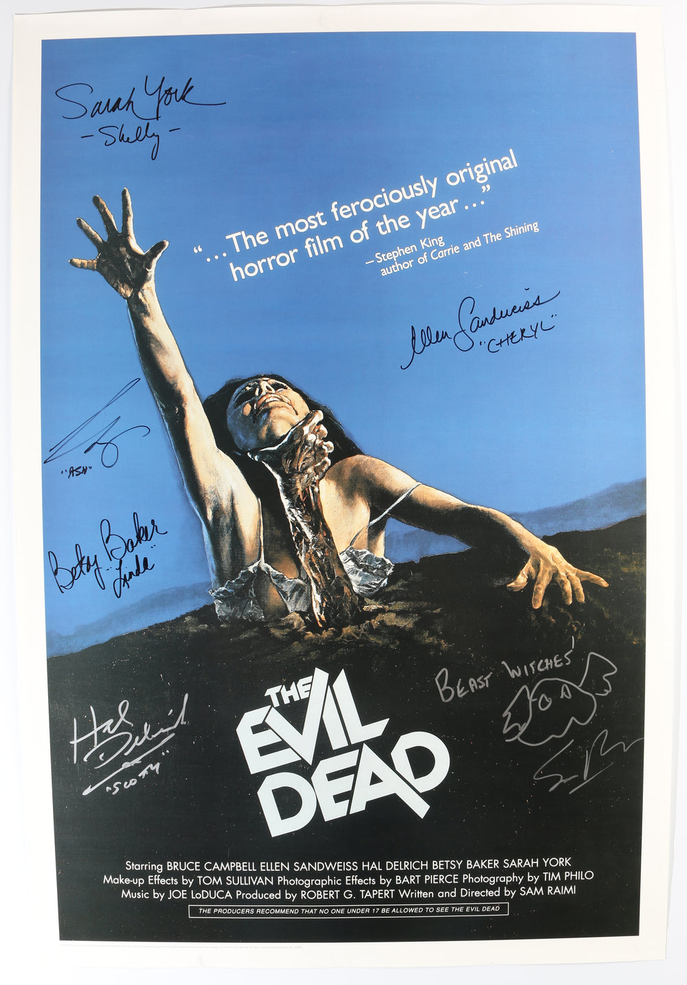 The Evil Dead 24x36 Poster Cast Signed by Bruce Campbell, Theresa Tilly, Betsy Baker, Ellen Sandweiss, Richard DeManincor, & Director Sam Raimi with Character Names