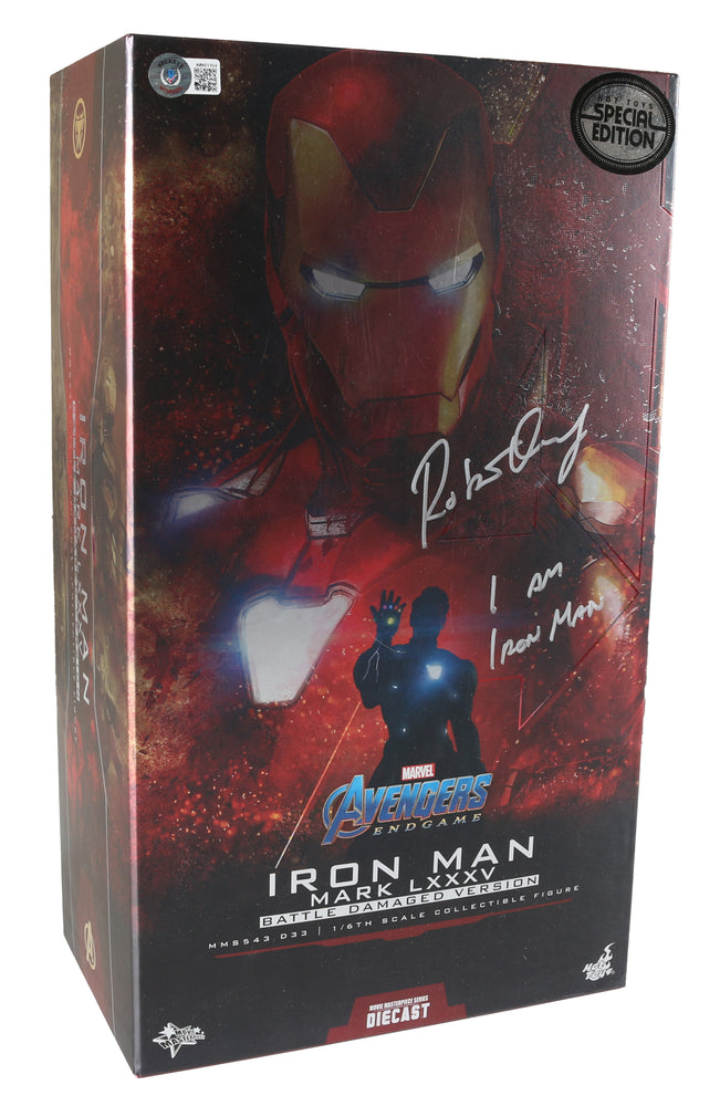 
                  
                    Robert Downey Jr. as Iron Man in Avengers: Endgame (Beckett Witnessed) Signed Iron Man Mark LXXXV Battle Damaged Version Special Edition Sixth Scale Figure by Hot Toys with Quote
                  
                