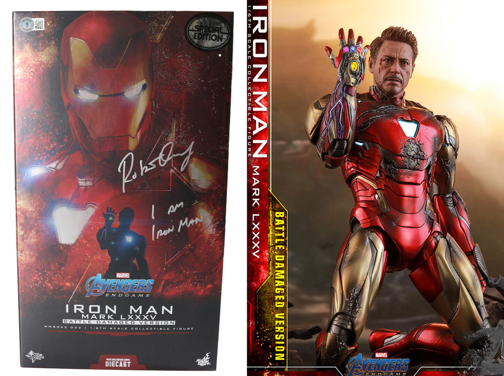 Robert Downey Jr. as Iron Man in Avengers: Endgame (Beckett Witnessed) Signed Iron Man Mark LXXXV Battle Damaged Version Special Edition Sixth Scale Figure by Hot Toys with Quote