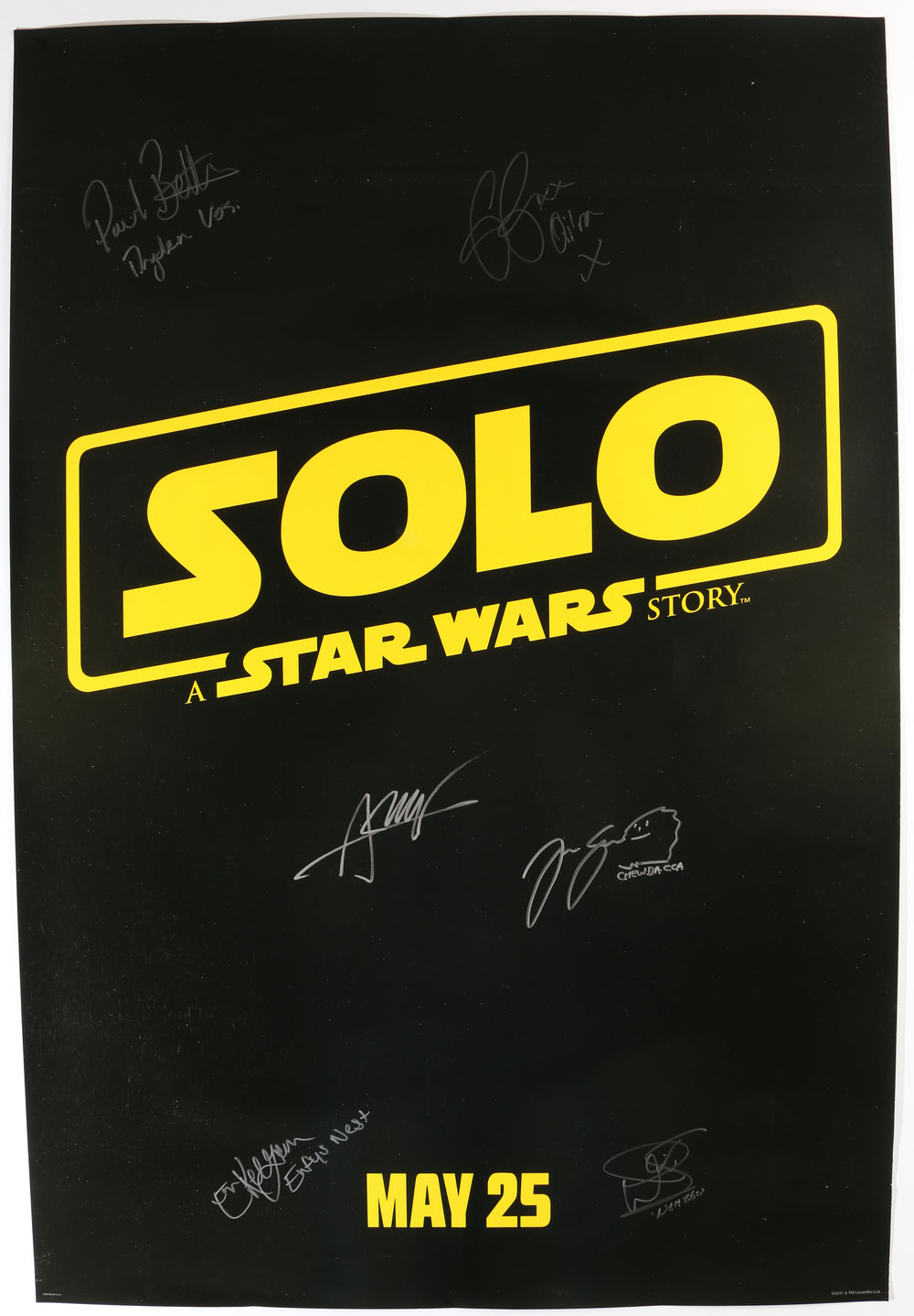 Solo: A Star Wars Story 27x40 Poster (Official Pix / Topps) Cast Signed by Alden Ehrenreich, Joonas Suotamo, Paul Bettany, Emilia Clarke, Warwick Davis, & Erin Kellyman with Character Names