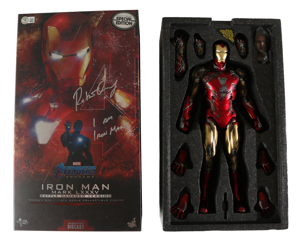 
                  
                    Robert Downey Jr. as Iron Man in Avengers: Endgame (Beckett Witnessed) Signed Iron Man Mark LXXXV Battle Damaged Version Special Edition Sixth Scale Figure by Hot Toys with Quote
                  
                