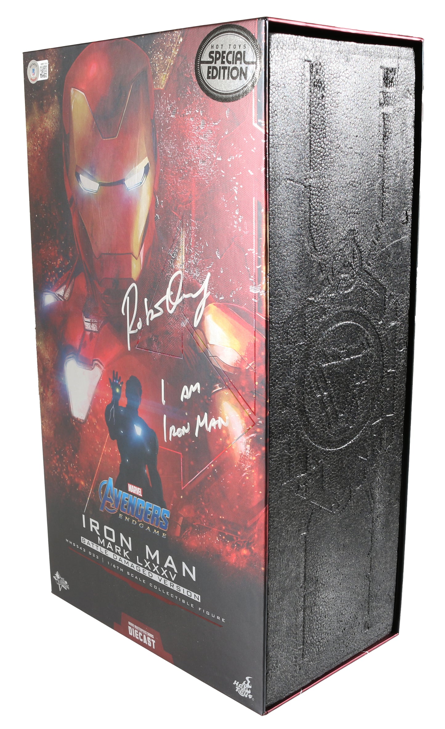 
                  
                    Robert Downey Jr. as Iron Man in Avengers: Endgame (Beckett Witnessed) Signed Iron Man Mark LXXXV Battle Damaged Version Special Edition Sixth Scale Figure by Hot Toys with Quote
                  
                