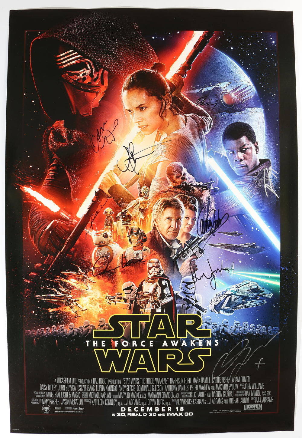 Star Wars: The Force Awakens 27x40 Poster Cast Signed by Harrison Ford, Carrie Fisher, Daisy Ridley, John Boyega, Oscar Isaac, Lupita Nyongo, Adam Driver, Gwendoline Christie, & Director: J.J. Abrams