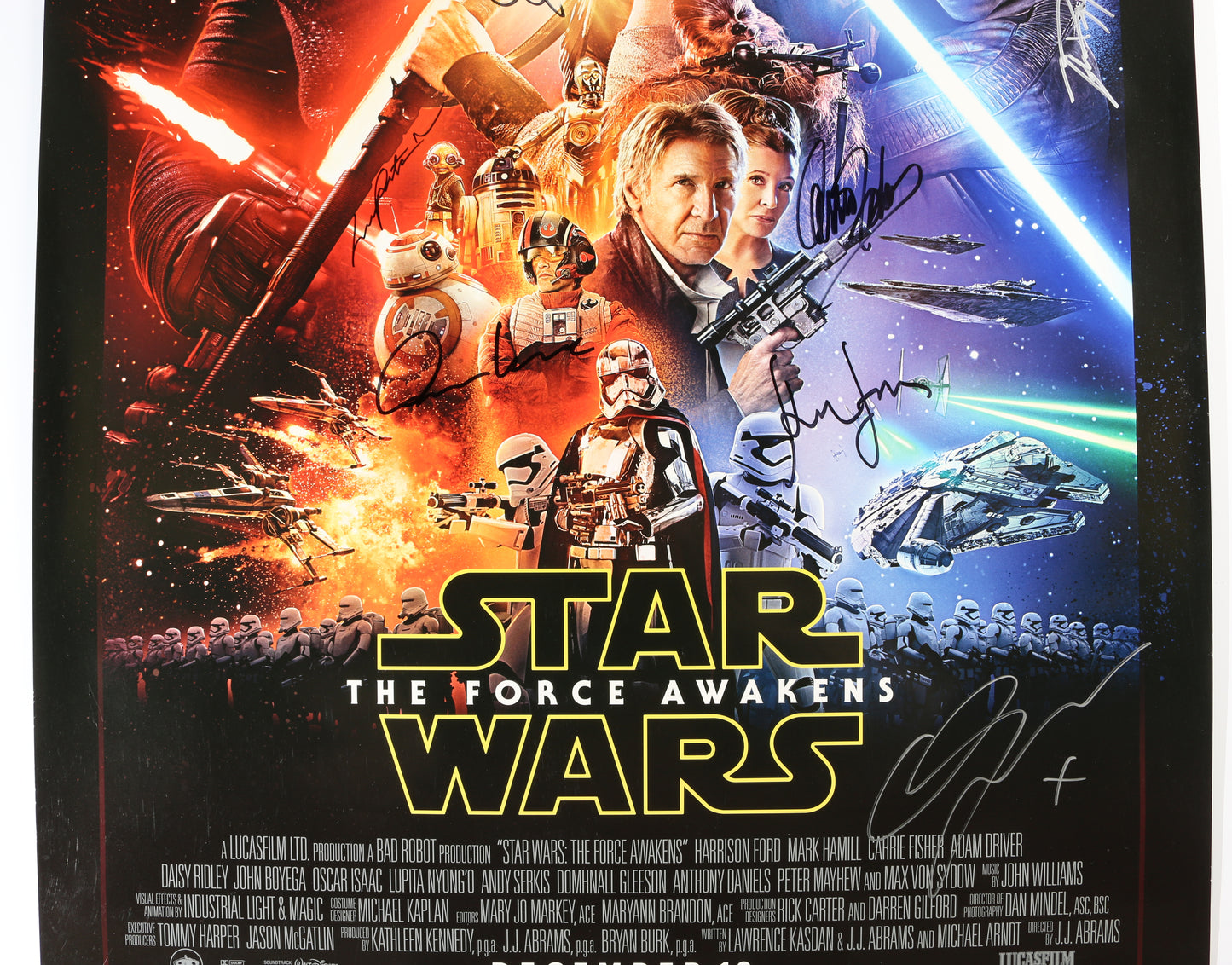 
                  
                    Star Wars: The Force Awakens 27x40 Poster Cast Signed by Harrison Ford, Carrie Fisher, Daisy Ridley, John Boyega, Oscar Isaac, Lupita Nyongo, Adam Driver, Gwendoline Christie, & Director: J.J. Abrams
                  
                