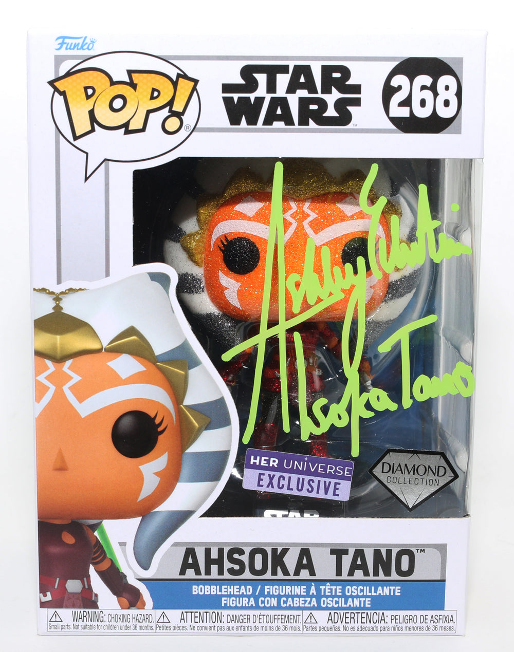 Ashley Eckstein as Ahsoka Tano [Green Lightsaber] in Star Wars: The Clone Wars Her Universe Exclusive Diamond Collection (JSA) Signed Funko POP! #268 with Character Name