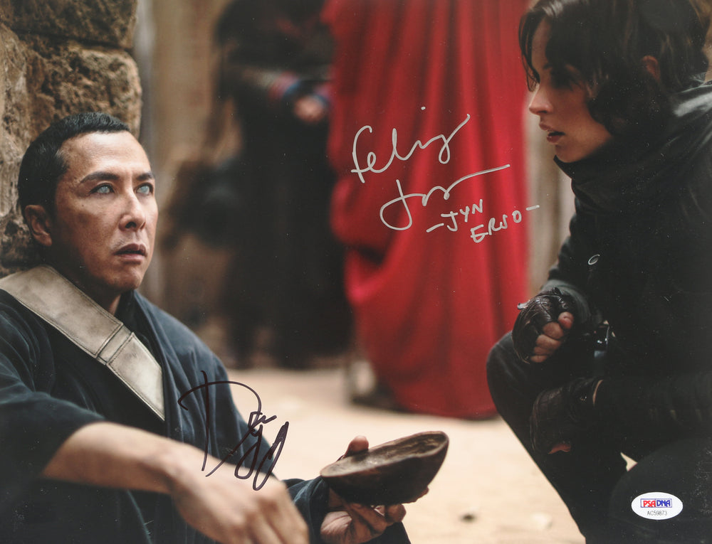 Felicity Jones as Jyn Erso & Donnie Yen as Chirrut Îmwe in Rogue One: A Star Wars Story (PSA) Signed 11x14 Photo with Character Name