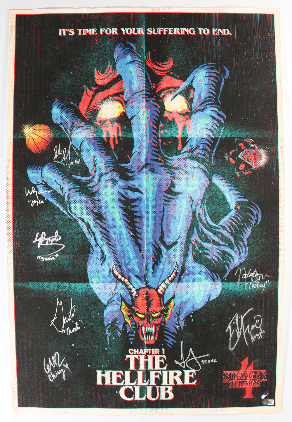 Stranger Things (Beckett) 24x36 Poster Cast Signed by Sadie Sink, Natalia Dyer, Joe Keery, Eduardo Franco, Gaten Matarazzo, Grace Van Dien, Priah Ferguson, & Winona Ryder with Character Names