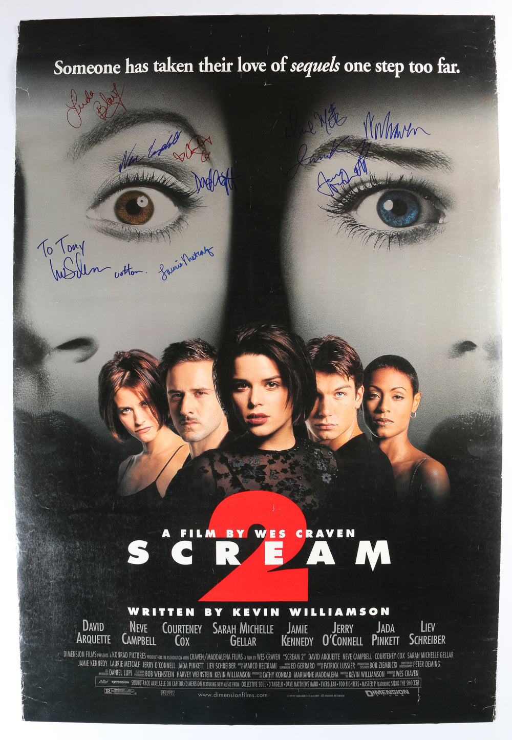 Scream 2 27x40 Poster Cast Signed by Wes Craven, Neve Campbell, Courtney Cox, David Arquette, Jerry O'Connell, Liev Schreiber, Jamie Kennedy, Laurie Metcalf, & Linda Blair