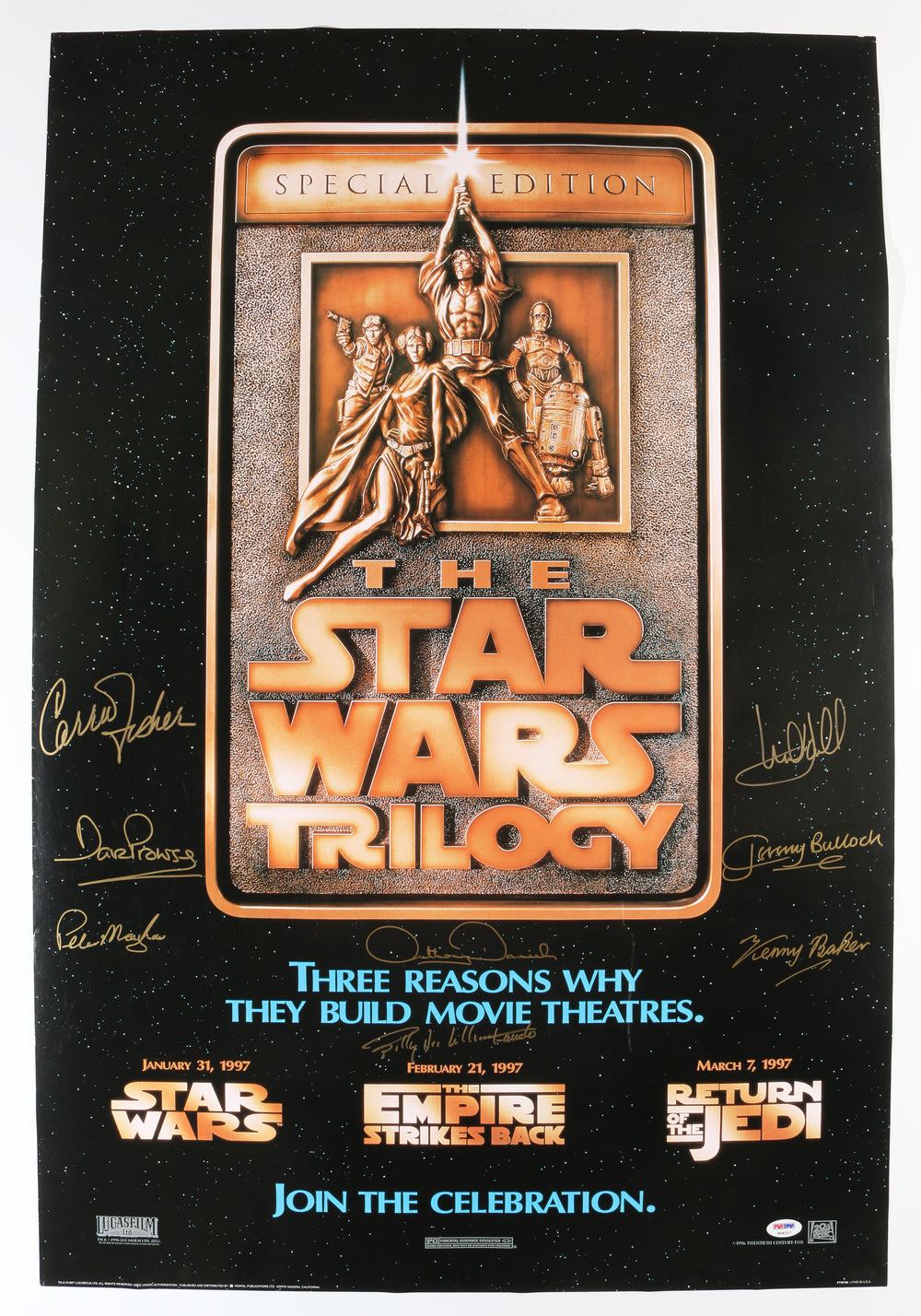Star Wars Trilogy: Special Edition (PSA) 24x36 Poster Cast Signed by Carrie Fisher, Mark Hamill, Peter Mayhew, Anthony Daniels, Dave Prowse, Jeremy Bulloch, Billy Dee Williams, & Kenny Baker