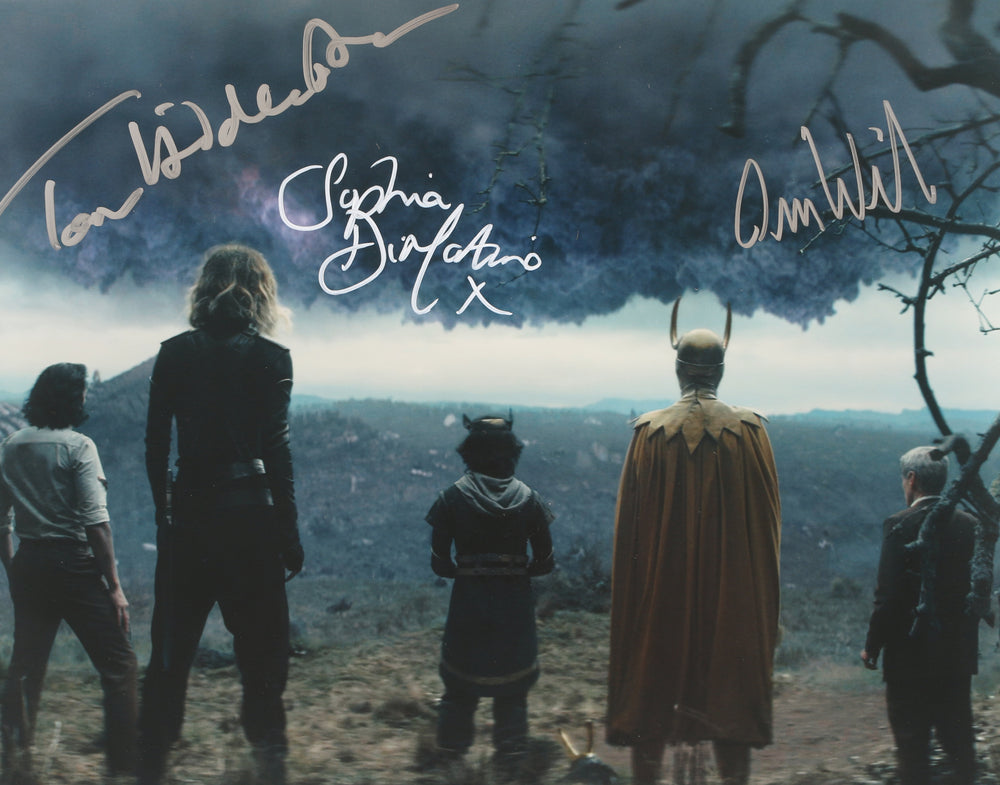 Tom Hiddleston as Loki, Sophia Di Martino as Sylvie, & Owen Wilson as Mobius M. Mobius in Loki Signed 11x14 Photo