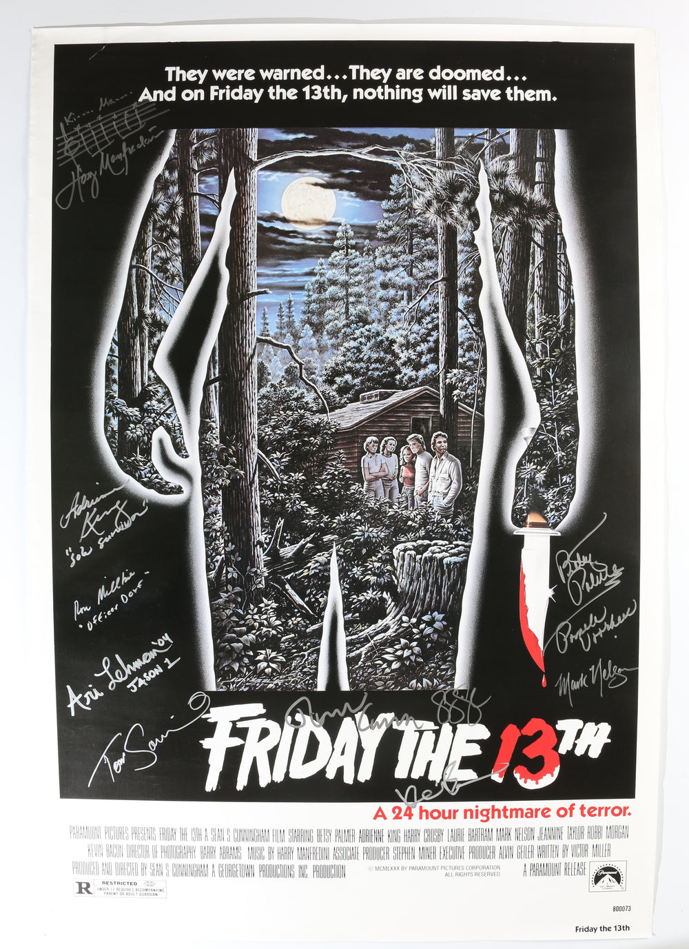 Friday the 13th 27x40 Poster Cast Signed by Betsy Palmer, Adrienne King, Kevin Bacon, Mark Nelson, Ron Millkie, Ari Lehman, Sean S. Cunningham, Tom Savini, Harry Manfredini, & Ronn Carroll with Character Names