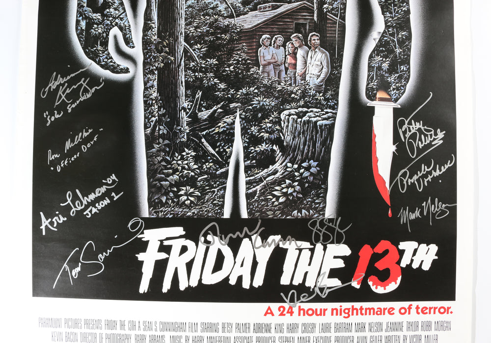 
                  
                    Friday the 13th 27x40 Poster Cast Signed by Betsy Palmer, Adrienne King, Kevin Bacon, Mark Nelson, Ron Millkie, Ari Lehman, Sean S. Cunningham, Tom Savini, Harry Manfredini, & Ronn Carroll with Character Names
                  
                