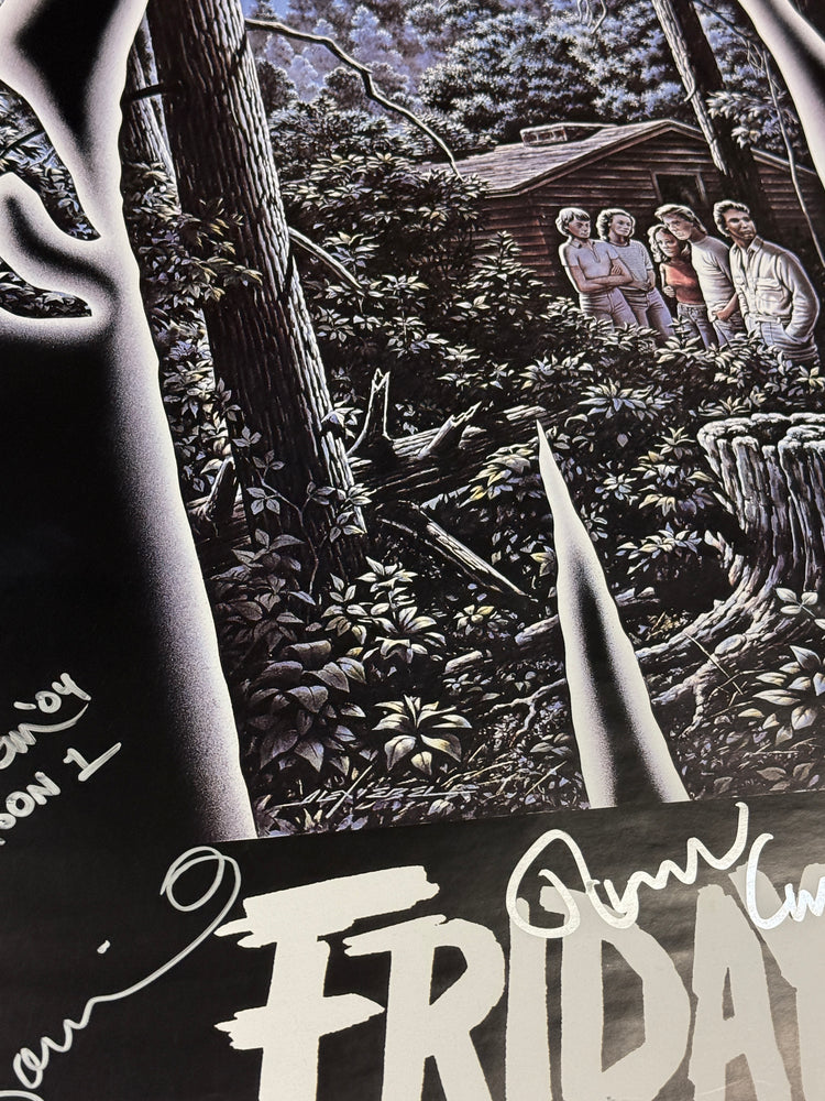 
                  
                    Friday the 13th 27x40 Poster Cast Signed by Betsy Palmer, Adrienne King, Kevin Bacon, Mark Nelson, Ron Millkie, Ari Lehman, Sean S. Cunningham, Tom Savini, Harry Manfredini, & Ronn Carroll with Character Names
                  
                