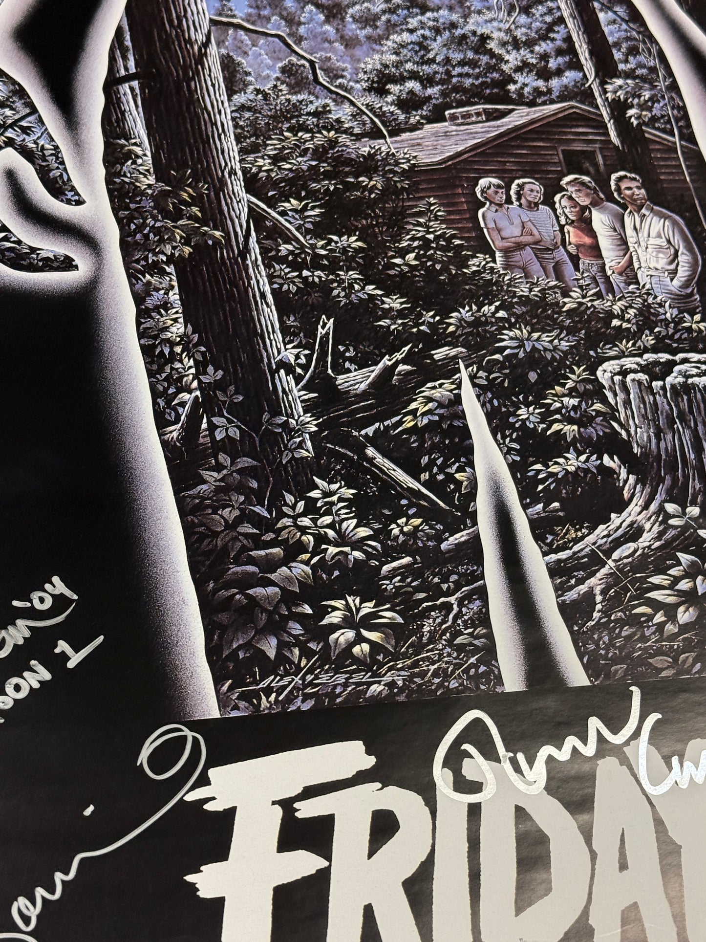 
                  
                    Friday the 13th 27x40 Poster Cast Signed by Betsy Palmer, Adrienne King, Kevin Bacon, Mark Nelson, Ron Millkie, Ari Lehman, Sean S. Cunningham, Tom Savini, Harry Manfredini, & Ronn Carroll with Character Names
                  
                