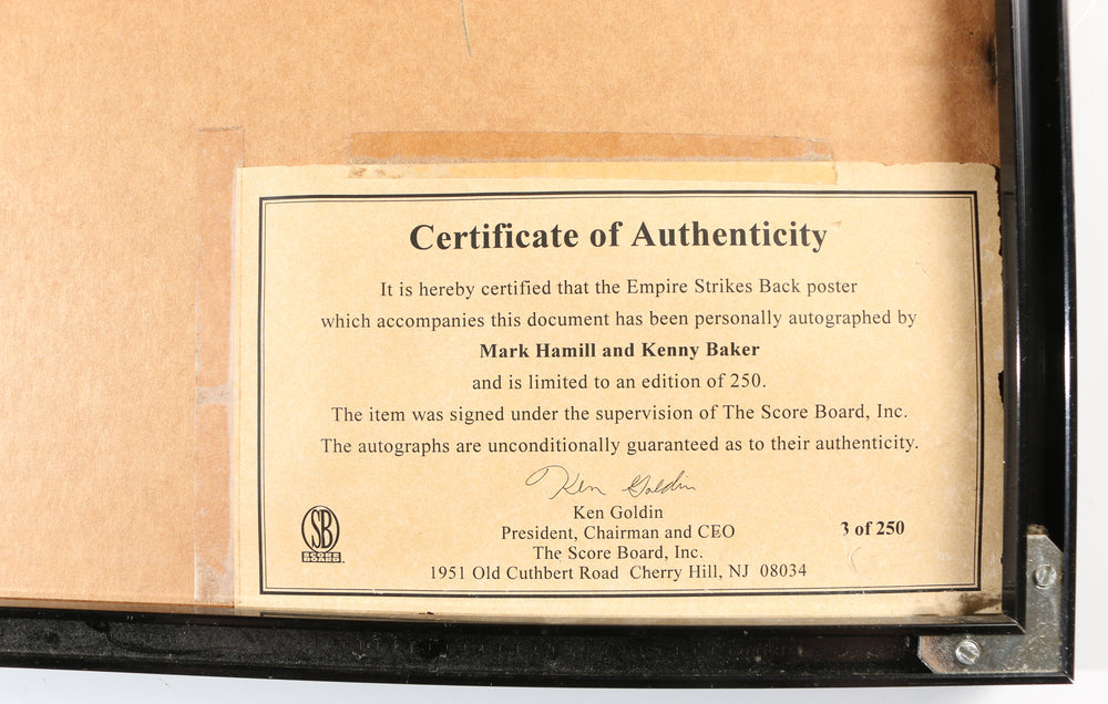 
                  
                    Mark Hamill as Luke Skywalker & Kenny Baker as R2-D2 in Star Wars: The Empire Strikes Back (The Score Board) Framed Signed 18x24 Poster
                  
                