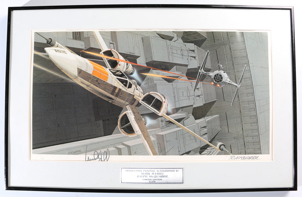 Mark Hamill as Luke Skywalker & Concept Artist Ralph McQuarrie X-Wing vs. TIE Fighter Trench Run Star Wars: A New Hope Framed (The Score Board) Signed 14x22 Concept Art Lithograph Poster