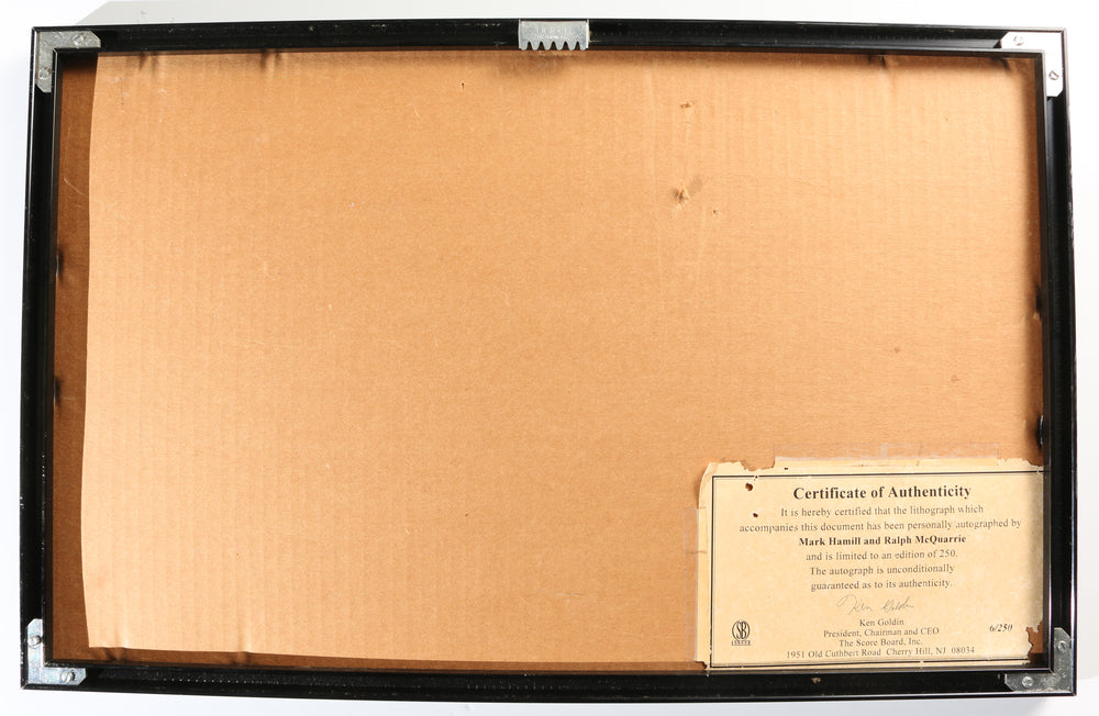 
                  
                    Mark Hamill as Luke Skywalker & Concept Artist Ralph McQuarrie X-Wing vs. TIE Fighter Trench Run Star Wars: A New Hope Framed (The Score Board) Signed 14x22 Concept Art Lithograph Poster
                  
                