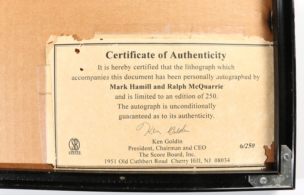 
                  
                    Mark Hamill as Luke Skywalker & Concept Artist Ralph McQuarrie X-Wing vs. TIE Fighter Trench Run Star Wars: A New Hope Framed (The Score Board) Signed 14x22 Concept Art Lithograph Poster
                  
                