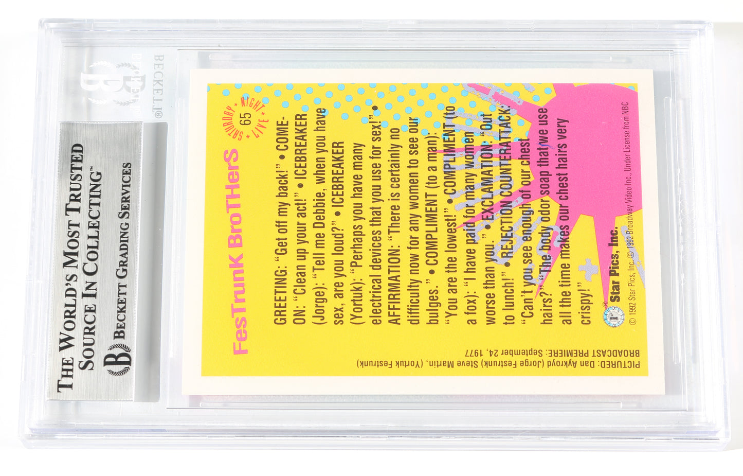 
                  
                    Dan Aykroyd Festrunk Brothers Sketch in Saturday Night Live (Beckett Encapsulated) Signed 1992 Topps Star Pics Trading Card
                  
                