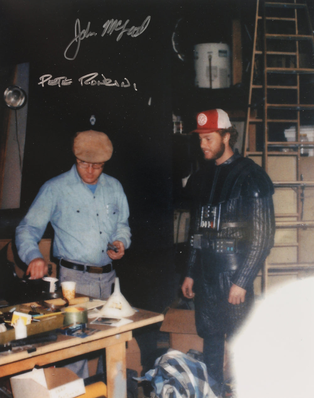 Pete Ronzani & John McLeod in Darth Vader's Costume Behind the Scenes of Star Wars: Return of the Jedi Signed 8x10 Photo