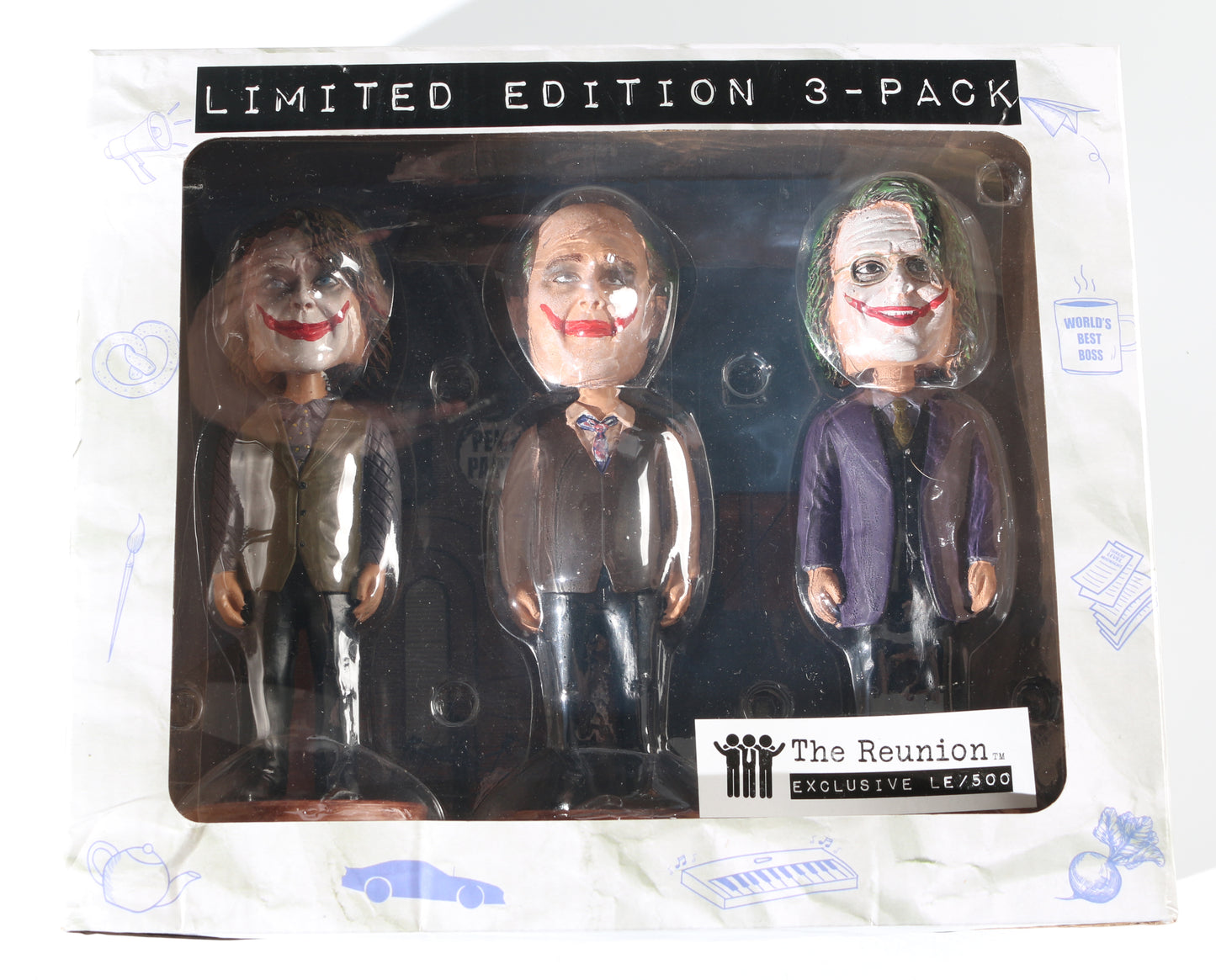
                  
                    Rainn Wilson as Dwight Schrute, Creed Bratton as Creed Bratton, & Brian Baumgartner as Kevin Malone in The Office Reunion Signed Limited Edition 3-Pack Joker Bobbleheads with Character Names
                  
                