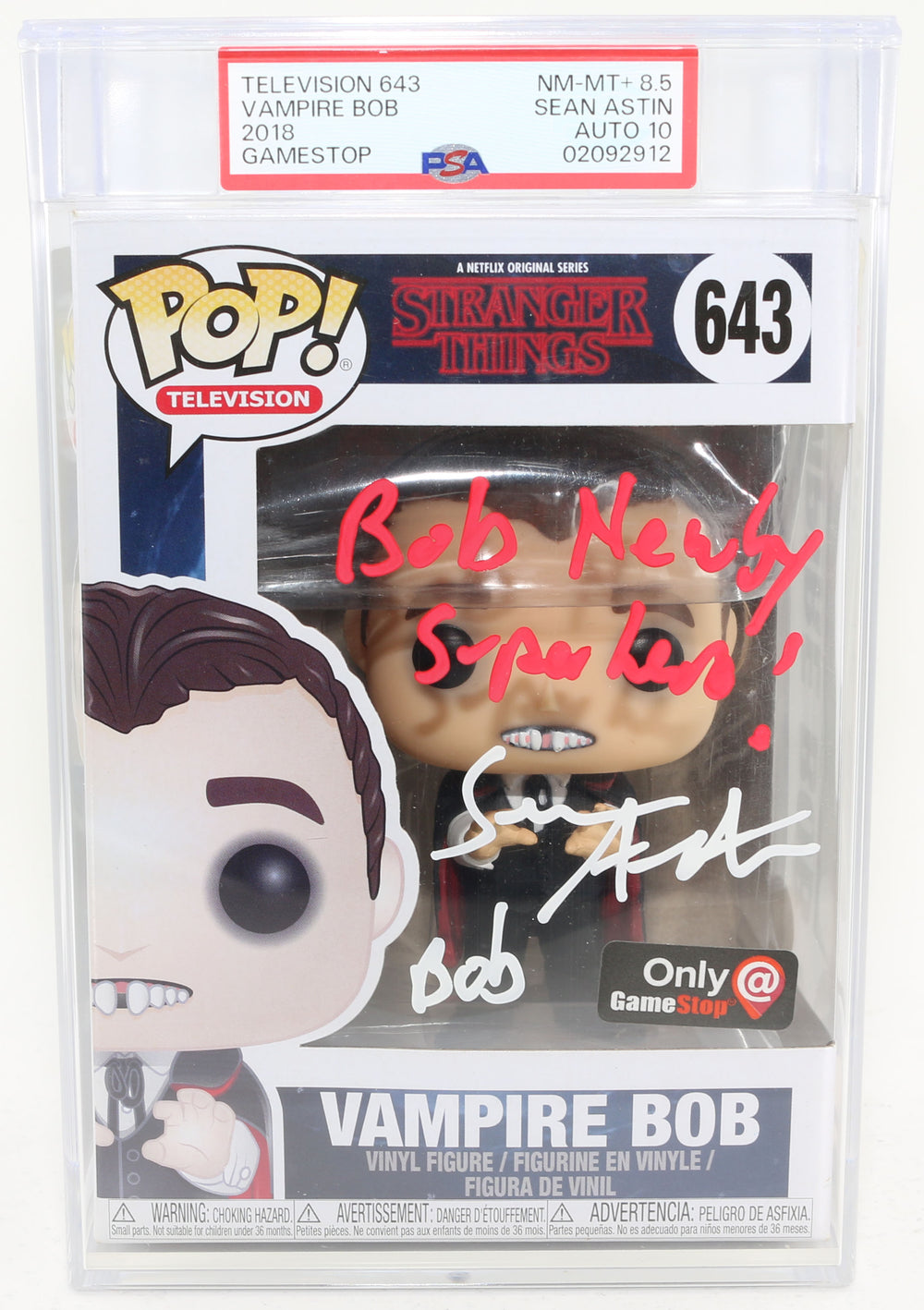 Sean Astin as Bob Newby in Stranger Things Game Stop Exclusive Signed Funko POP! #643 with Character Name and Quote PSA Graded 8.5