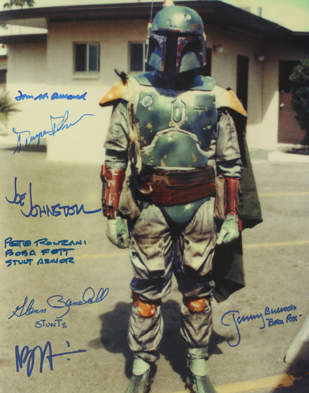 Boba Fett from Star Wars: The Empire Strikes Back 11x14 Photo Signed by Tom St. Amand, Duwayne Dunham, Joe Johnston, Pete Ronzani, Glenn Randall, Nilo Rodis-Jamero, & Jeremy Bulloch
