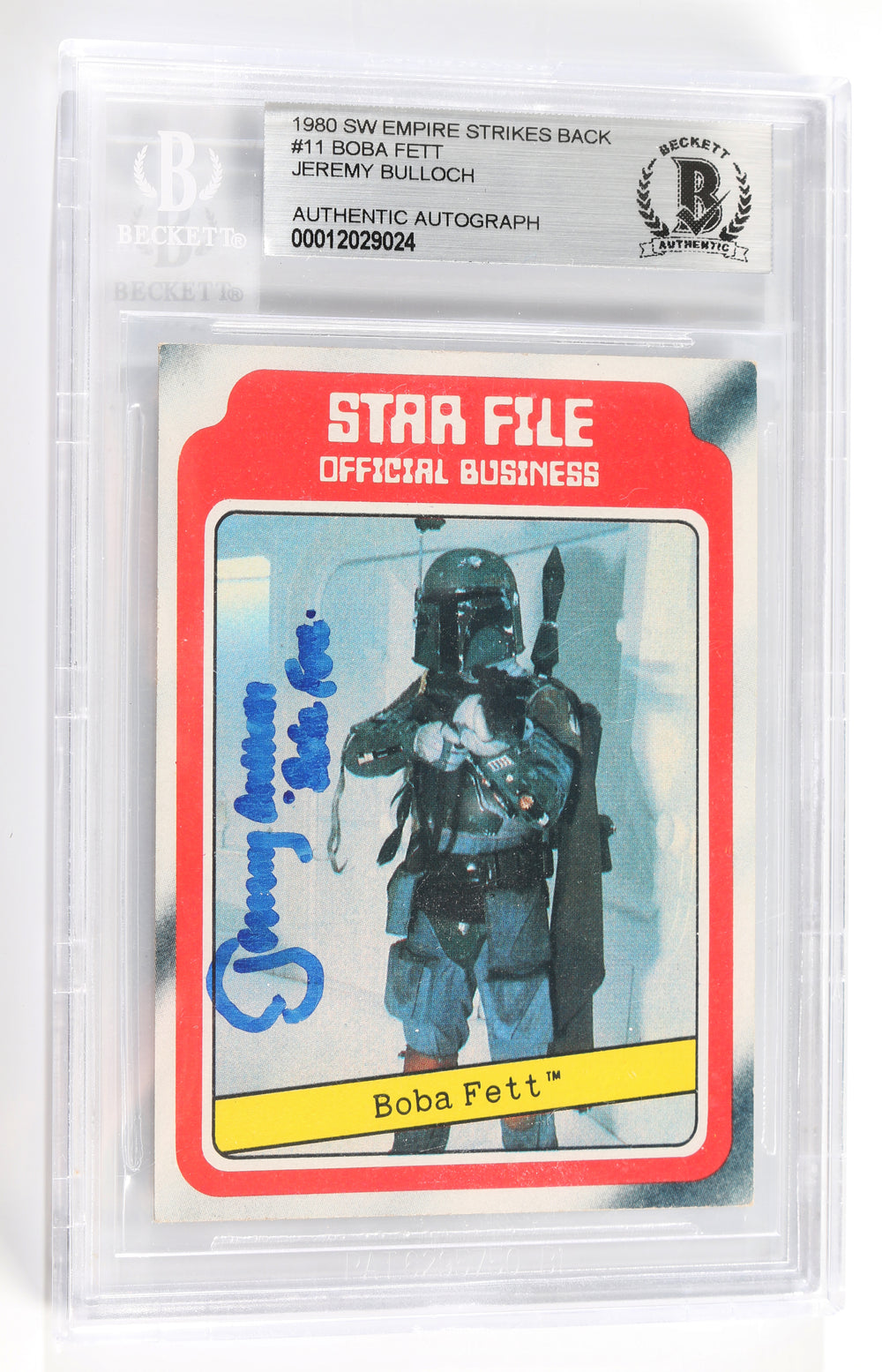 Jeremy Bulloch as Boba Fett in Star Wars: The Empire Strikes Back (Beckett Encapsulated) Signed 1980 Trading Card with Character Name