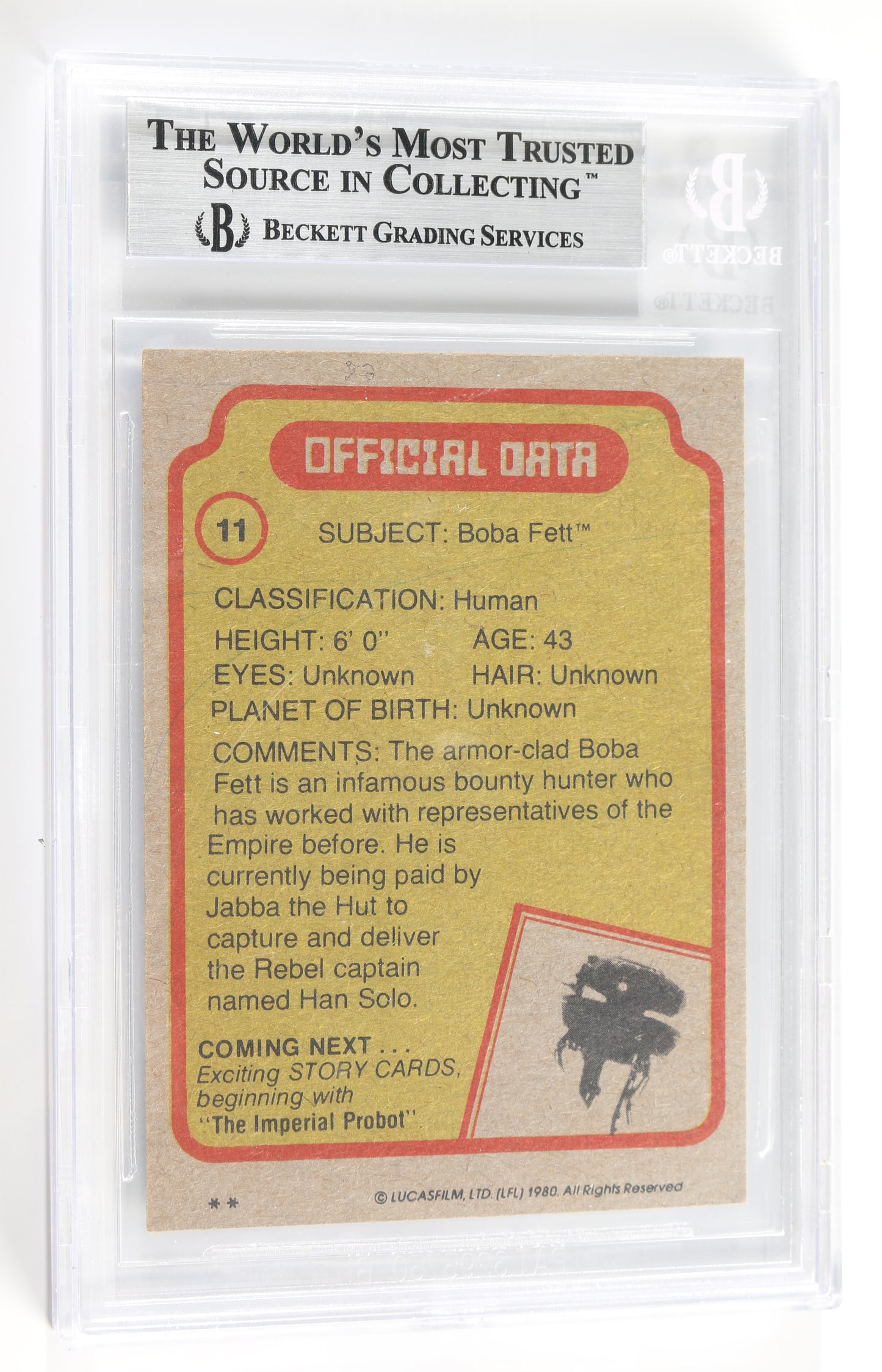 
                  
                    Jeremy Bulloch as Boba Fett in Star Wars: The Empire Strikes Back (Beckett Encapsulated) Signed 1980 Trading Card with Character Name
                  
                