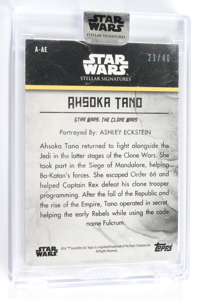 
                  
                    Ashley Eckstein as Ahsoka Tano in Star Wars: The Clone Wars (Encapsulated) Signed Topps Trading Card 21/40
                  
                