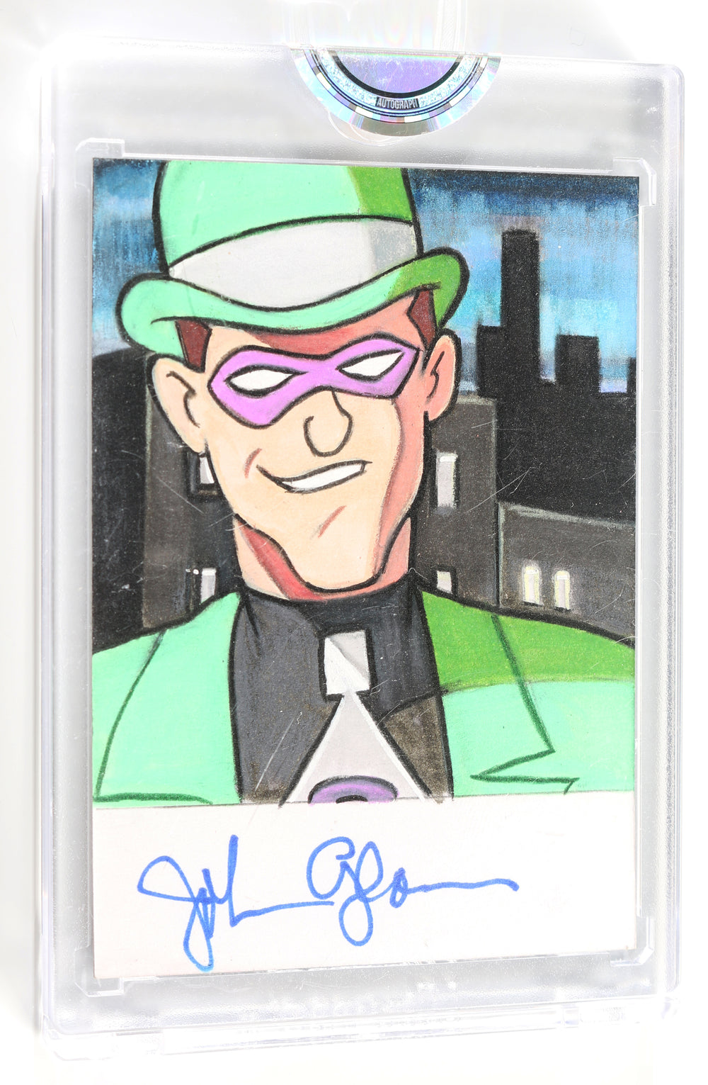 John Glover as The Riddler in The Batman Animated Series (Encapsulated) Signed SWAU Artist Series Trading Card by Cyrus Sherkat