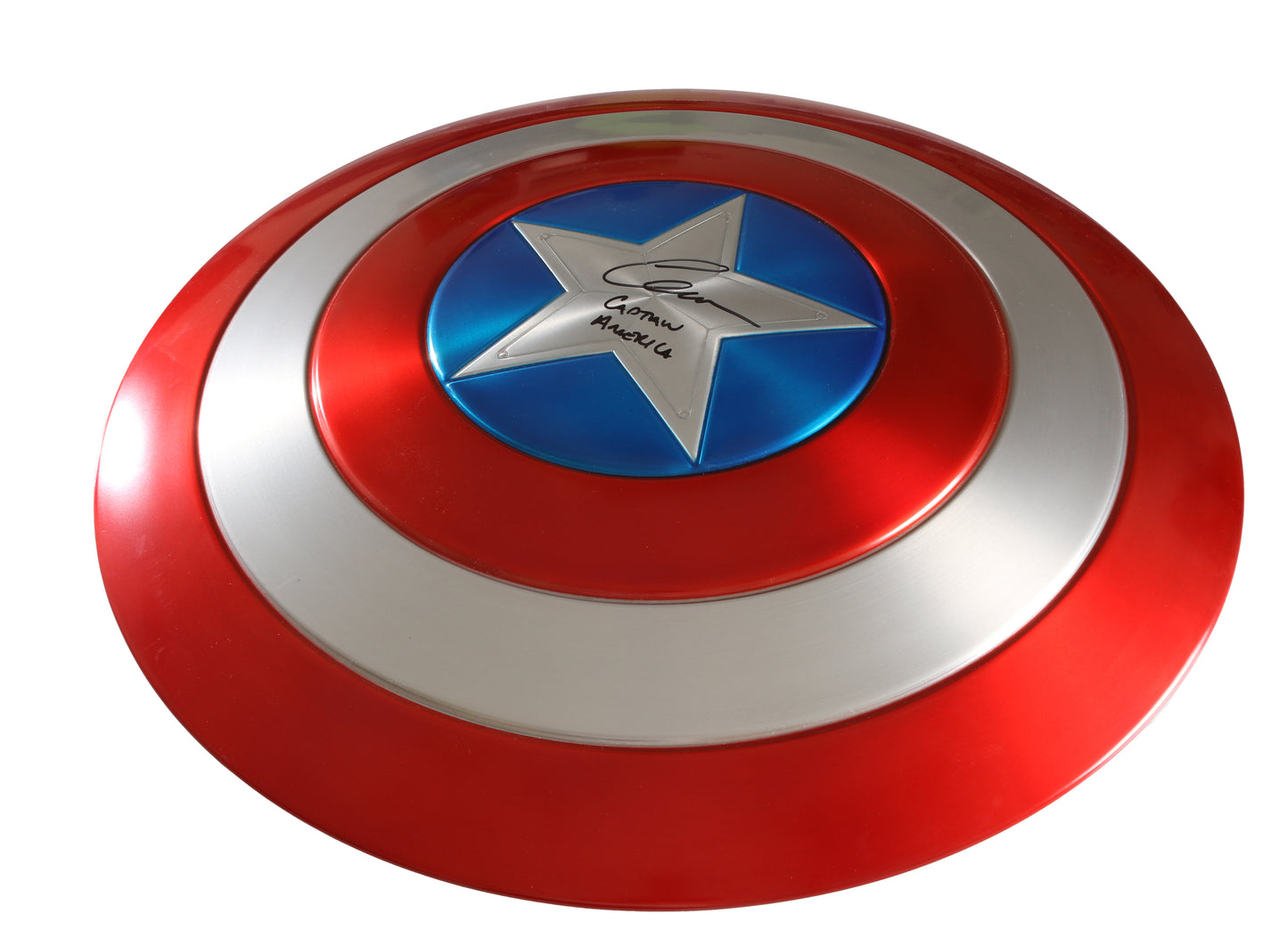 
                  
                    Captain America's Metal Prop Replica Shield (SWAU) Signed by Chris Evans with Full Character Name
                  
                