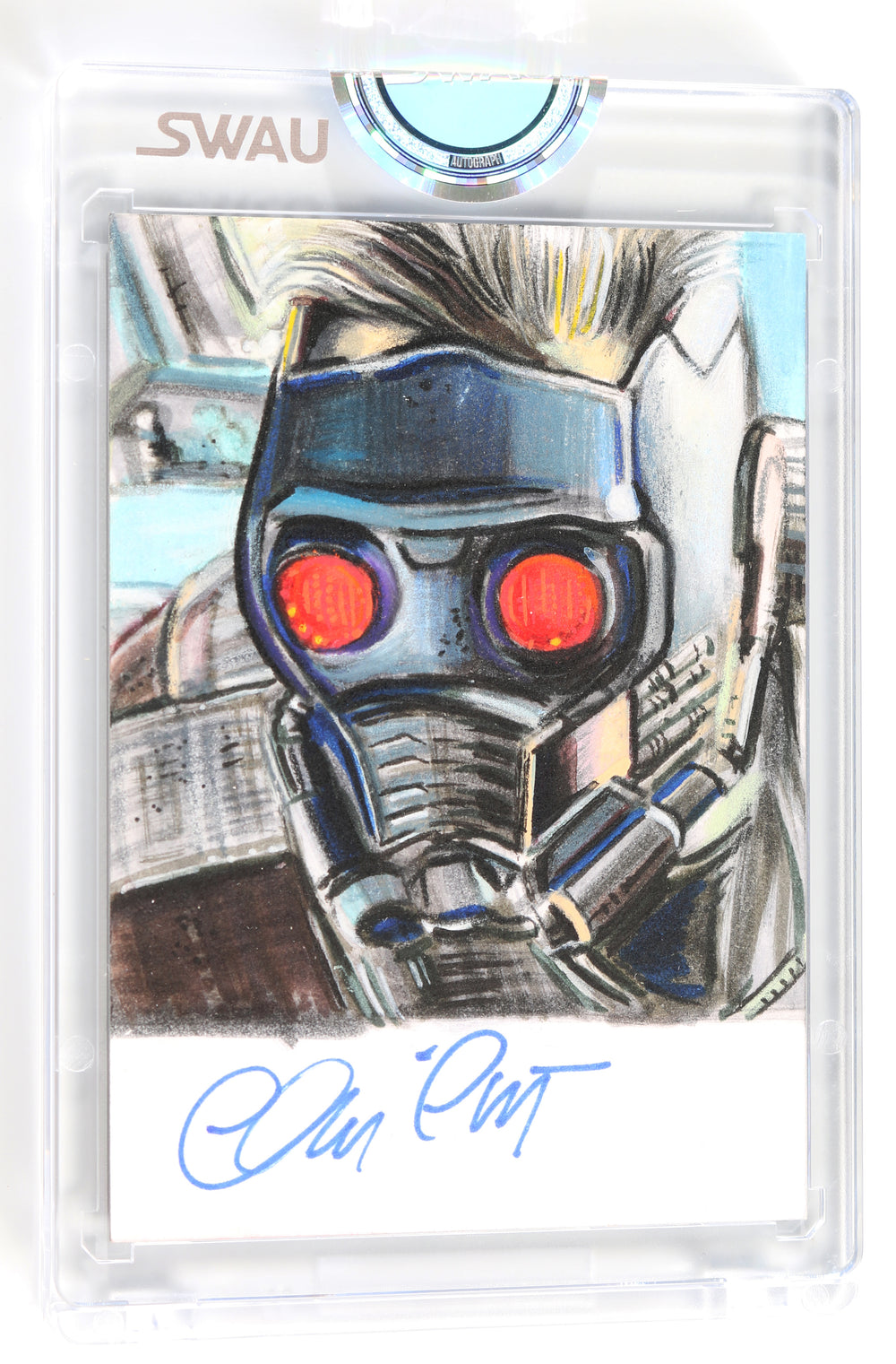 Chris Pratt as Peter Quill / Star-Lord in Guardians of the Galaxy (Encapsulated) Signed SWAU Artist Series Trading Card by Cyrus Sherkat