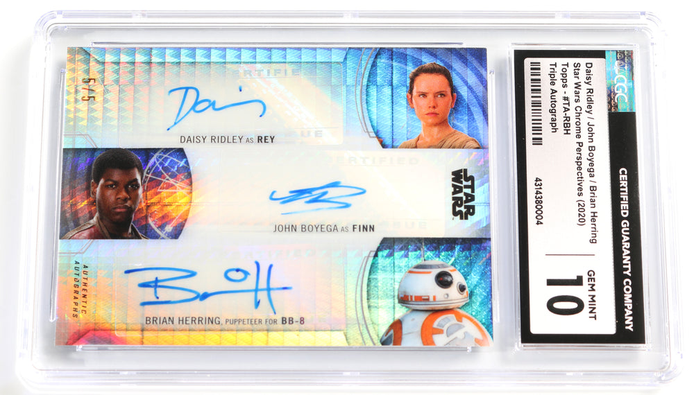 Daisy Ridley as Rey, John Boyega as Finn, and Brian Herring as BB-8 in Star Wars: The Rise of Skywalker (CGC Encapsulated) Signed Topps Trading Card