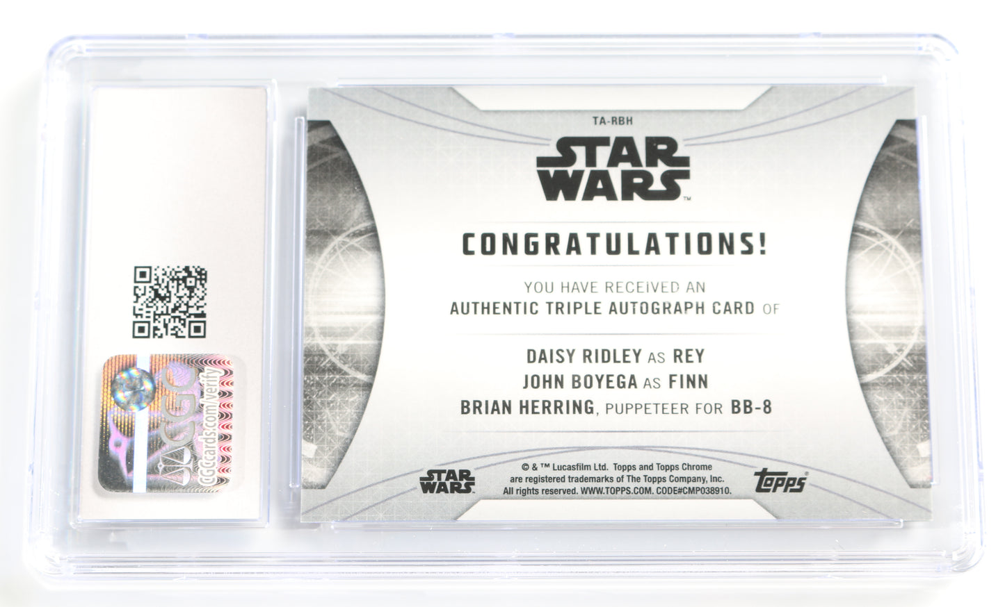 
                  
                    Daisy Ridley as Rey, John Boyega as Finn, and Brian Herring as BB-8 in Star Wars: The Rise of Skywalker (CGC Encapsulated) Signed Topps Trading Card
                  
                