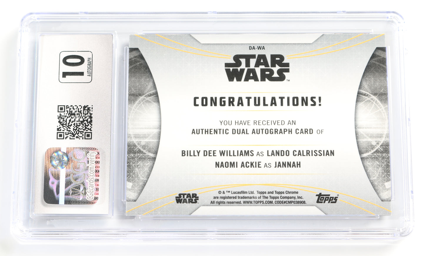 
                  
                    Billy Dee Williams as Lando Calrissian & Naomi Ackie as Jannah in Star Wars: The Rise of Skywalker (CGC Encapsulated) Signed Topps Trading Card
                  
                