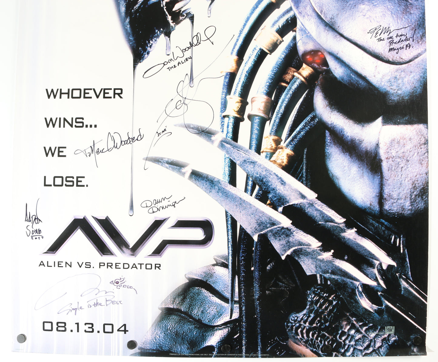 
                  
                    Alien vs. Predator 27x40 Poster Cast Signed by Sanna Lathan, Lance Hendrickson, Tom Woodruff, Ian Whyte, & Alec Gillis
                  
                