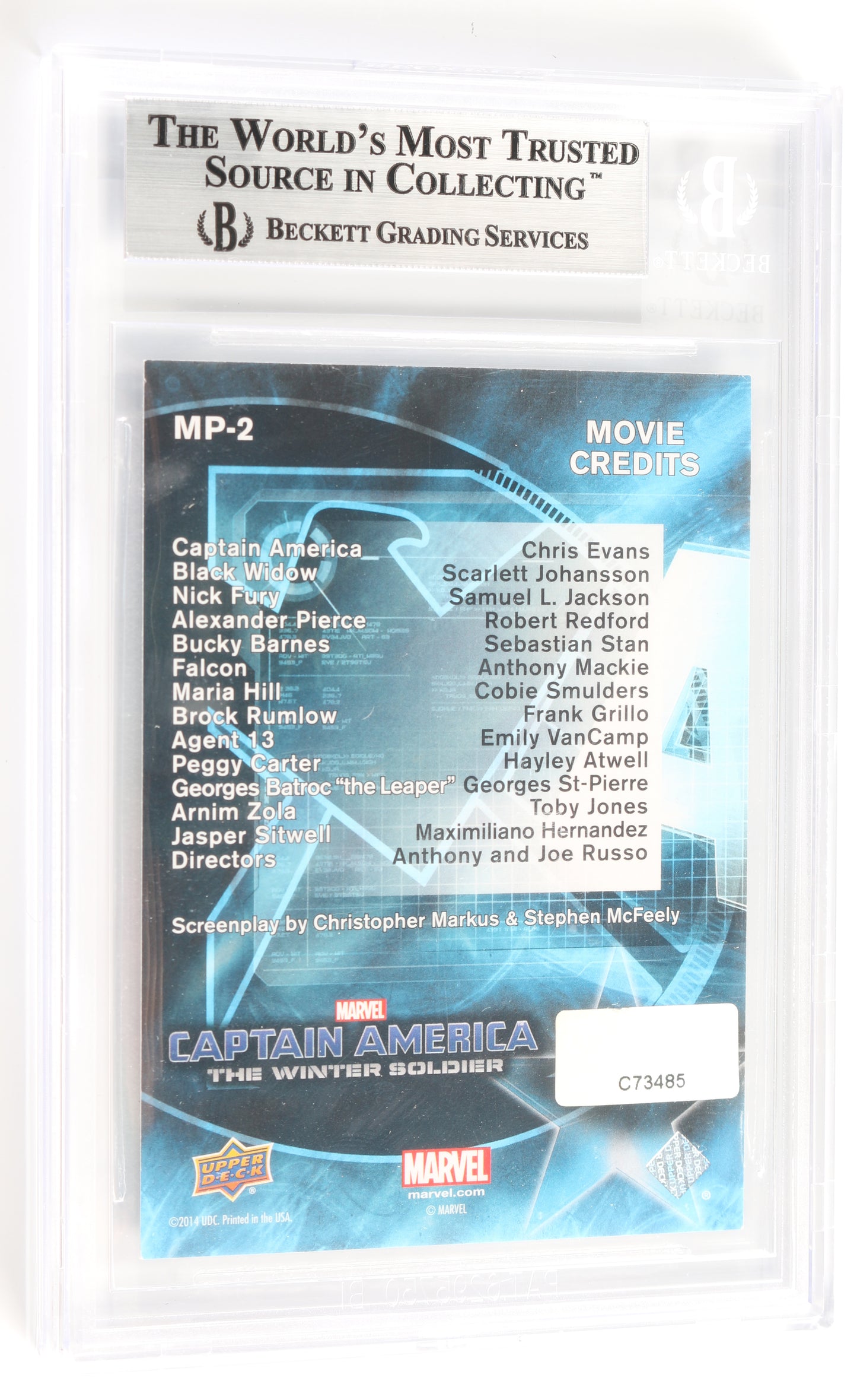 
                  
                    Chris Evans as Captain America in Captain America: The Winter Soilder (Beckett Encapsulated / Celebrity Authentics) Signed Trading Card
                  
                