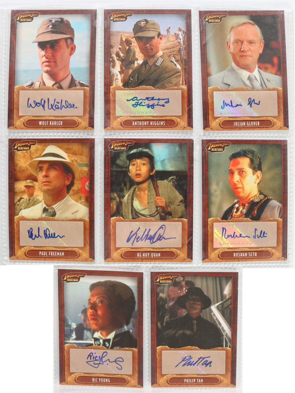 Indiana Jones Heritage Topps Trading Cards 8pc LOT Signed by Ke Huy Quan, Paul Freeman, Julian Glover, Wolf Kahler, Anthony Higgins, Ric Young, Philip Tan, & Roshan Seth