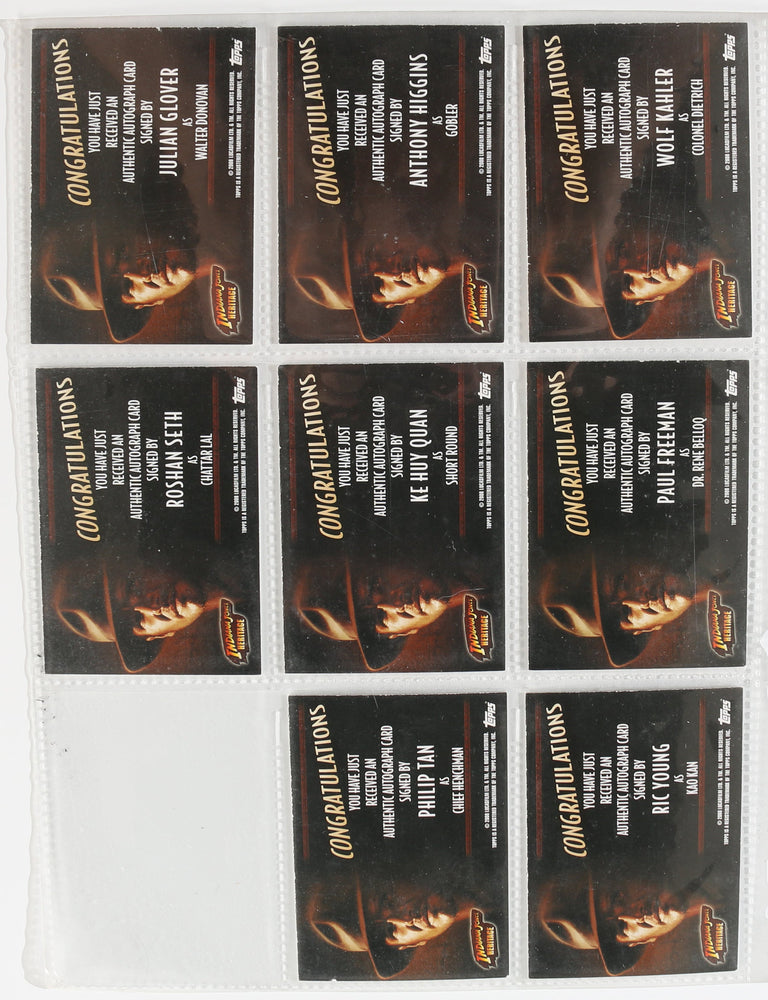
                  
                    Indiana Jones Heritage Topps Trading Cards 8pc LOT Signed by Ke Huy Quan, Paul Freeman, Julian Glover, Wolf Kahler, Anthony Higgins, Ric Young, Philip Tan, & Roshan Seth
                  
                