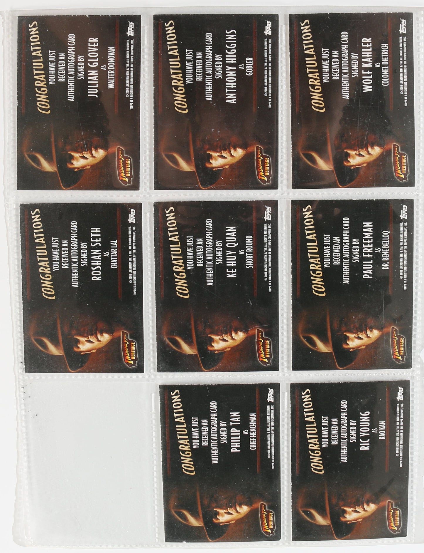 
                  
                    Indiana Jones Heritage Topps Trading Cards 8pc LOT Signed by Ke Huy Quan, Paul Freeman, Julian Glover, Wolf Kahler, Anthony Higgins, Ric Young, Philip Tan, & Roshan Seth
                  
                