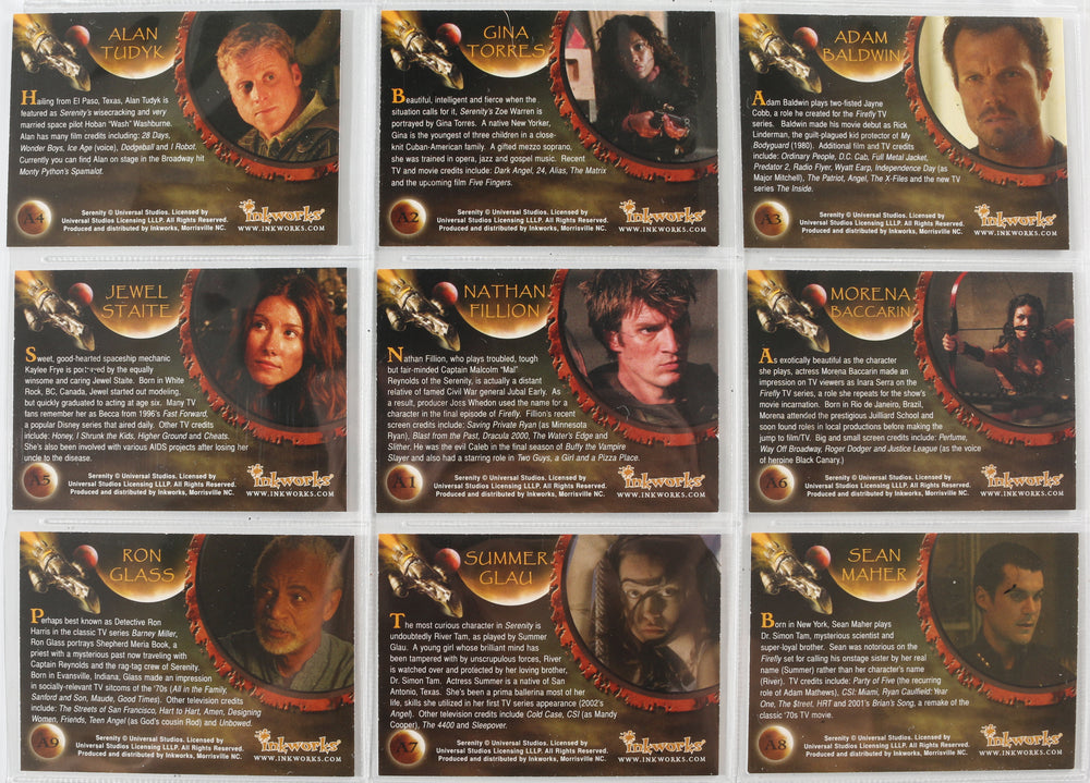 
                  
                    Firefly: Serenity Inkworks Trading Cards 9pc LOT Signed by Nathan Fillion, Alan Tudyk  Adam Baldwin, Summer Glau, Morena Baccarin, Jewel Staite, Sean Maher, Gina Torres, & Ron Glass
                  
                
