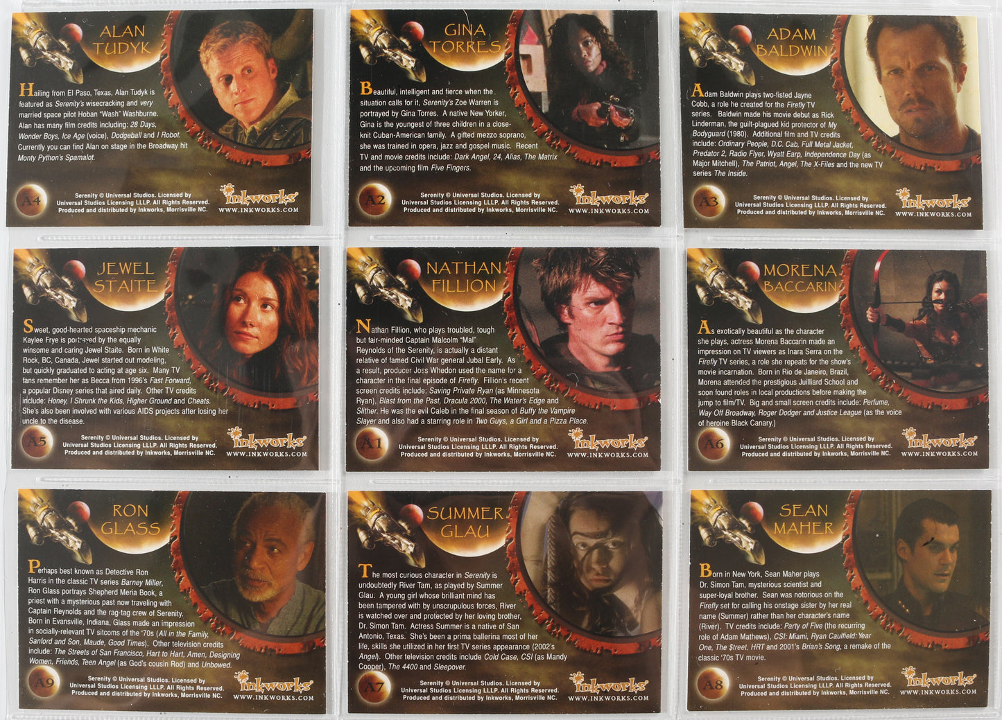 
                  
                    Firefly: Serenity Inkworks Trading Cards 9pc LOT Signed by Nathan Fillion, Alan Tudyk  Adam Baldwin, Summer Glau, Morena Baccarin, Jewel Staite, Sean Maher, Gina Torres, & Ron Glass
                  
                