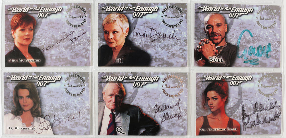 James Bond 007: The World Is Not Enough Inkworks Trading Cards 6pc LOT Signed by Judi Dench, Denise Richards, Samantha Bond, Goldie, Serena Scott Thomas, & Desmond Llewelyn