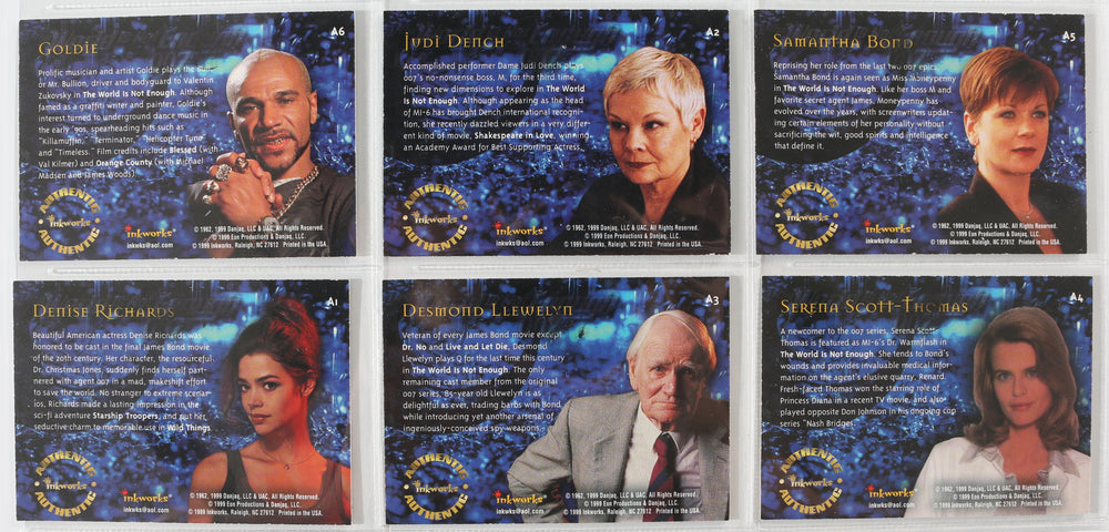 
                  
                    James Bond 007: The World Is Not Enough Inkworks Trading Cards 6pc LOT Signed by Judi Dench, Denise Richards, Samantha Bond, Goldie, Serena Scott Thomas, & Desmond Llewelyn
                  
                