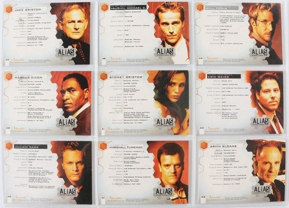 
                  
                    Alias Inkworks Trading Cards 9pc LOT Signed by Jennifer Garner, Bradley Cooper, Ron Rifkin, Michael Vartan, Carl Lumbly, Greg Grunberg, Kevin Weisman, Victor Garber, & David Anders
                  
                