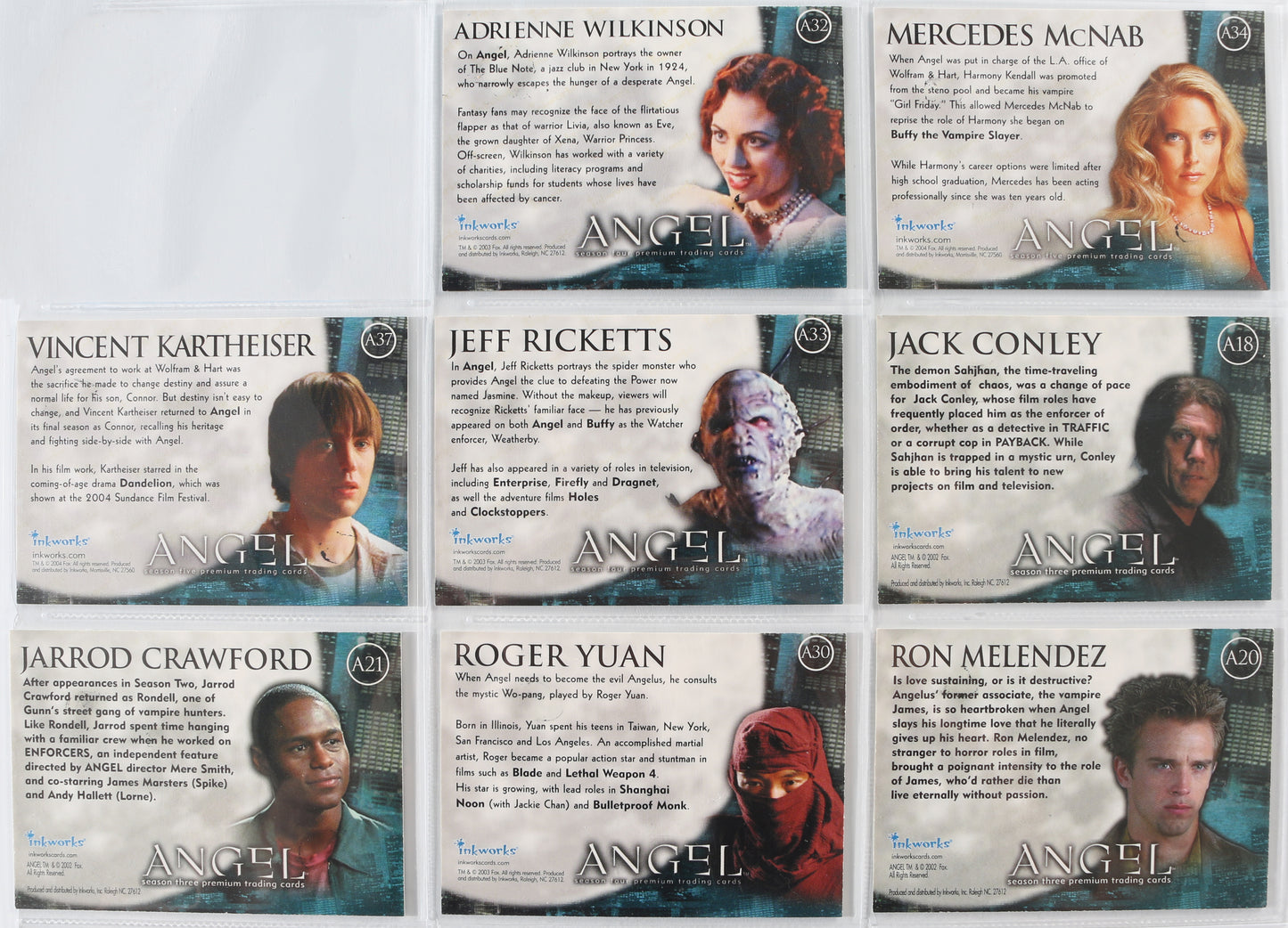 
                  
                    Angel Inkworks Trading Cards 35pc LOT Signed by David Boreanaz, Charisma Carpenter, Glenn Quinn, Alexis Denisof, J. August Richards, Amy Acker, Vincent Kartheiser, Andy Hallett, James Marsters, Mercedes McNab, Gina Torres, Julie Benz, Eliza Dushku, & More
                  
                