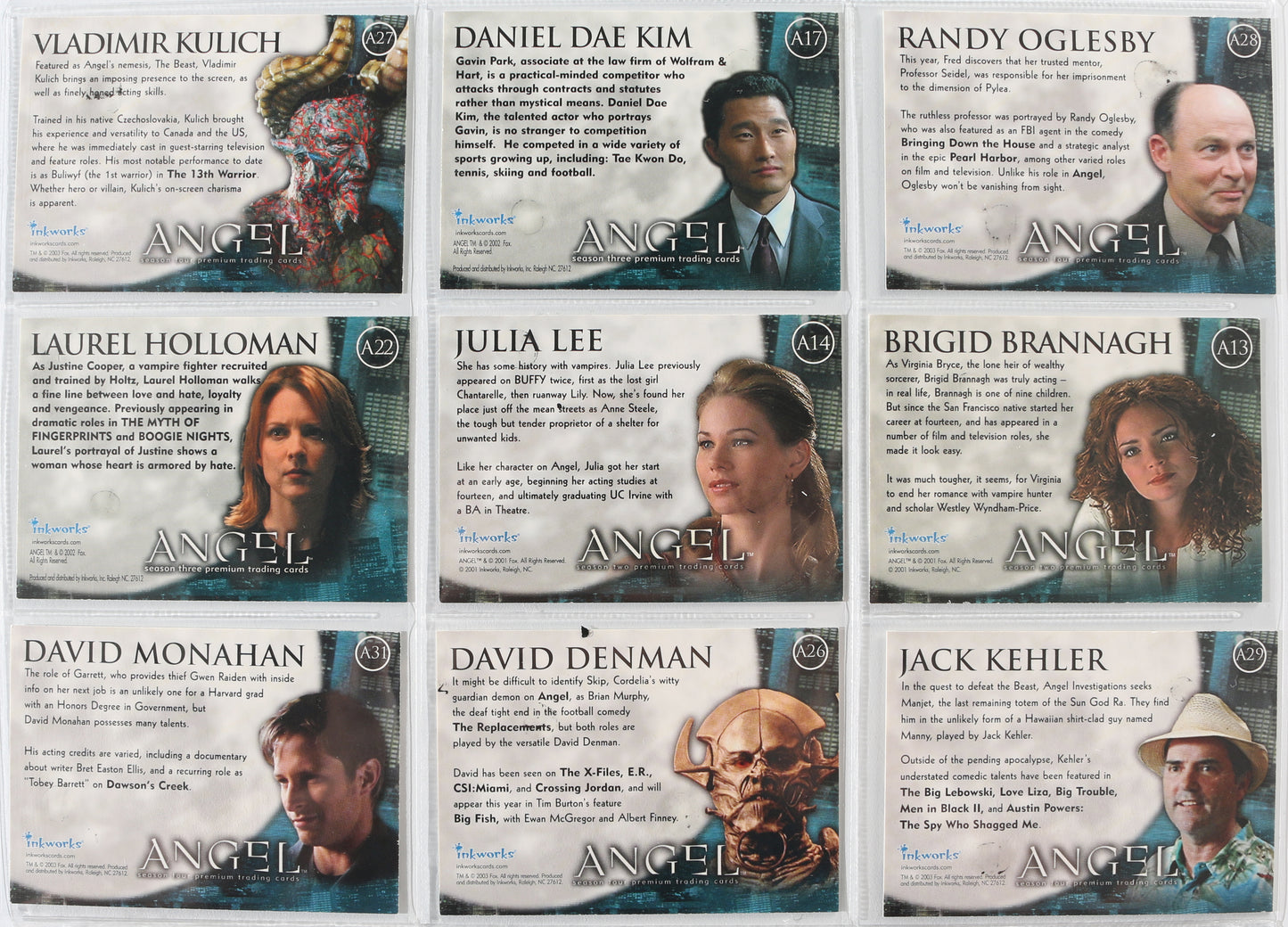 
                  
                    Angel Inkworks Trading Cards 35pc LOT Signed by David Boreanaz, Charisma Carpenter, Glenn Quinn, Alexis Denisof, J. August Richards, Amy Acker, Vincent Kartheiser, Andy Hallett, James Marsters, Mercedes McNab, Gina Torres, Julie Benz, Eliza Dushku, & More
                  
                